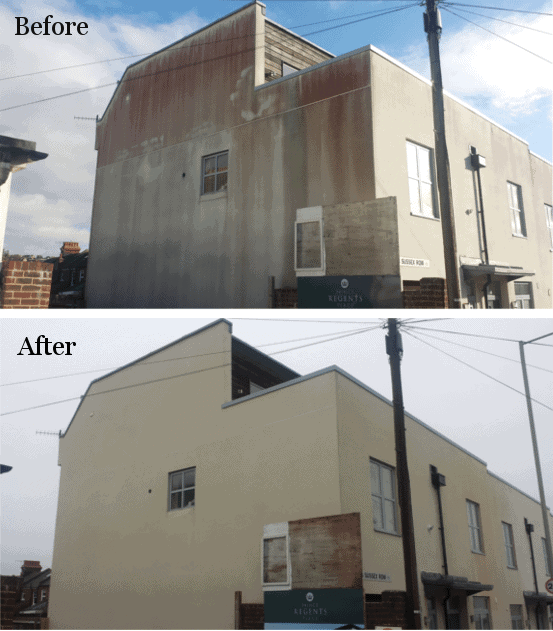 before and after render facade cleaning with doff steam in brighton from purple-rhino.co.uk